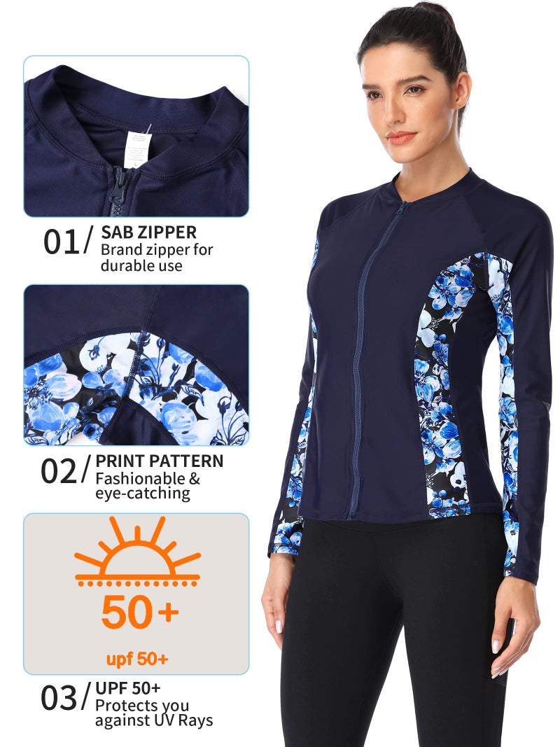 ATTRACO Zip Front Rashguard Swimwear UPF 50+ Sun Protection Shirt Navy X-Large - Image 4
